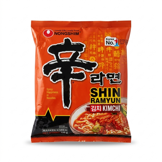 Nongshim Shin Ramyun Kimchi is a spicy Korean instant noodle soup Net weight: 120 g.