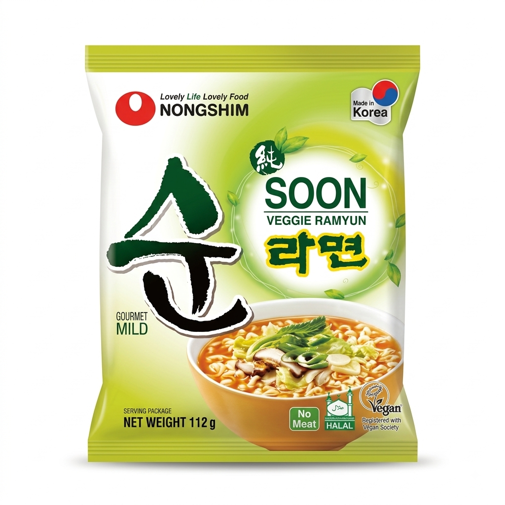 Nongshim Soon Veggie Ramyun is a mild Korean instant noodle