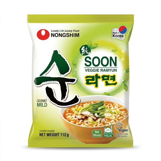 Nongshim Soon Veggie Ramyun is a mild Korean instant noodle